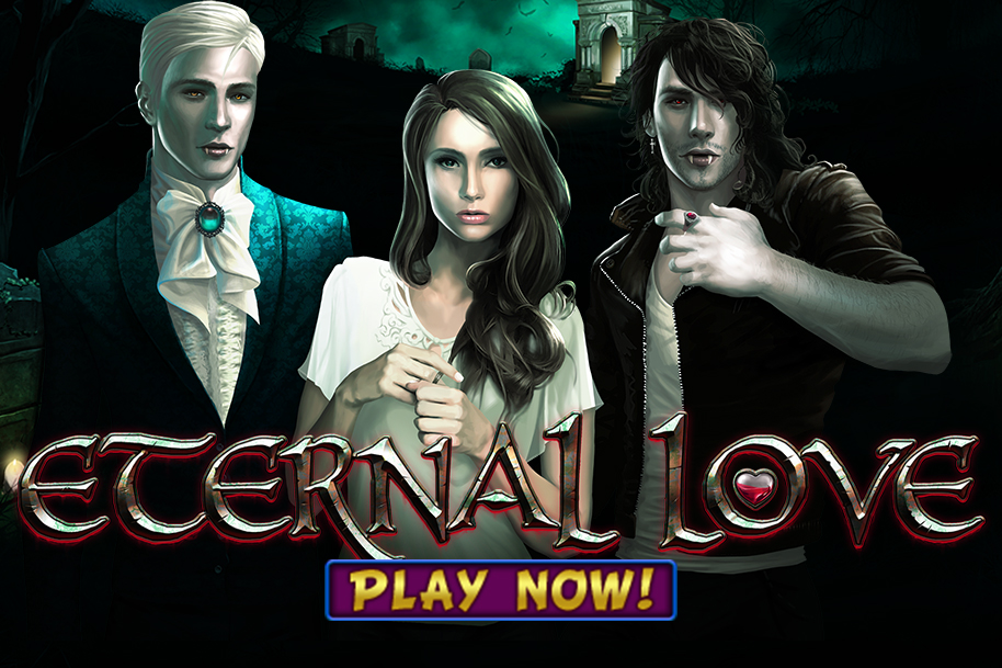 A gothic-themed image featuring two mysterious vampires and a woman standing between them under a dark, moonlit sky, symbolizing the RTG slot Eternal Love with its vampire romance and supernatural theme.