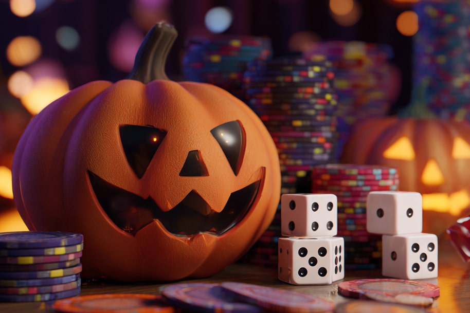 Carved Halloween pumpkin surrounded by casino chips and dice on a festive gaming table with warm orange lighting featuring Halloween casino bonus codes