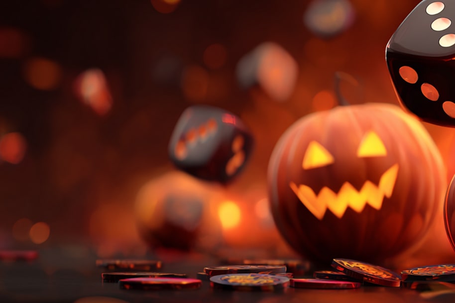 Halloween-themed casino scene with glowing jack-o’-lantern pumpkins, rolling dice, and poker chips under warm orange lighting, creating a festive spooky atmosphere.