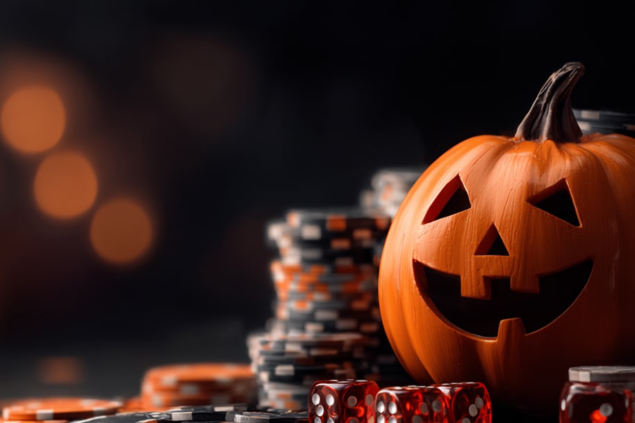Carved Halloween pumpkin next to stacked casino chips and red dice on a dark background with warm orange bokeh lights.