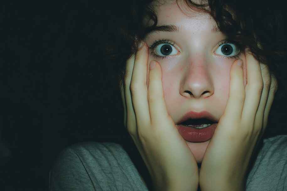 Surprised person staring wide-eyed in darkness, depicting human fascination with fear and the emotional thrill of being scared.