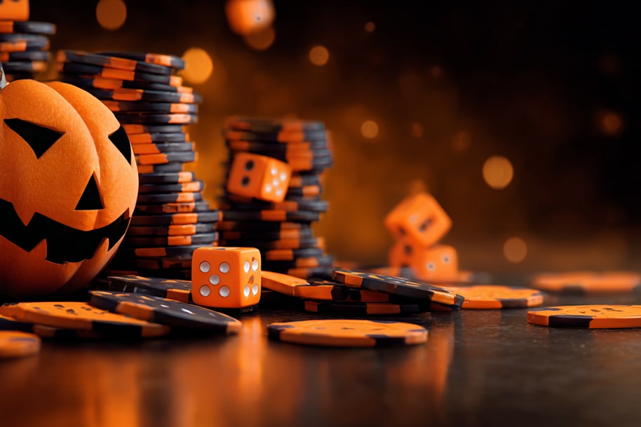 Halloween casino chips and dice with glowing jack-o’-lantern, symbolizing spooky slot promotions and festive gambling atmosphere.