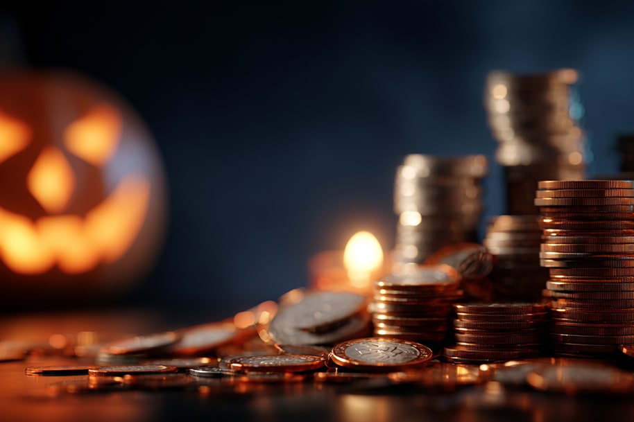 Glowing jack-o'-lantern, stacks of coins, and a warm candlelight glow creating a spooky yet festive gambling atmosphere.