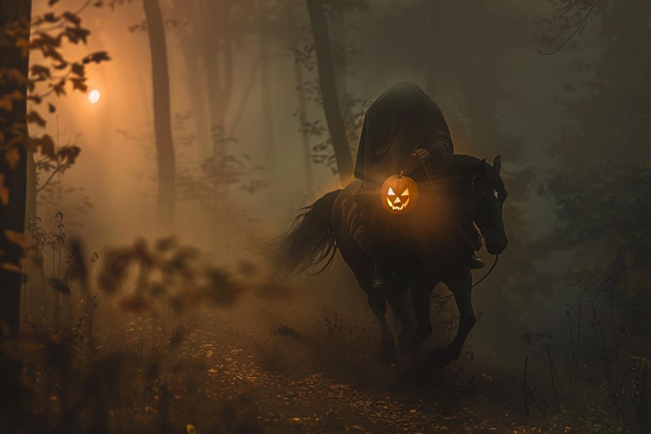 The Headless Horseman gallops through a misty autumn forest at sunset, holding a glowing jack-o’-lantern — a haunting image from the Sleepy Hollow legend featured on Eternal Slots Casino’s blog about the Headless Horseman in pop culture.