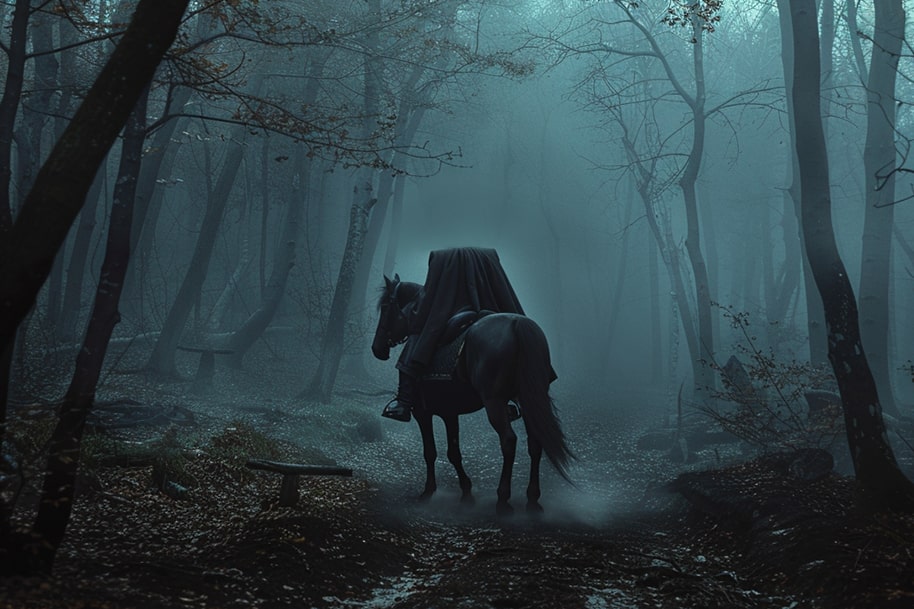 The Headless Horseman stands on a dark horse in a fog-covered forest, representing the eerie Sleepy Hollow legend and the timeless Halloween icon featured on Eternal Slots Casino’s blog about the Headless Horseman in pop culture.