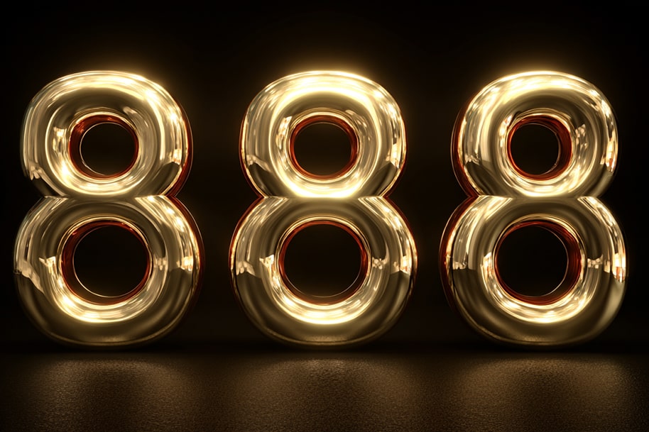 Golden glowing number 888 shining in the dark, representing abundance, prosperity, and success associated with angel number 888.