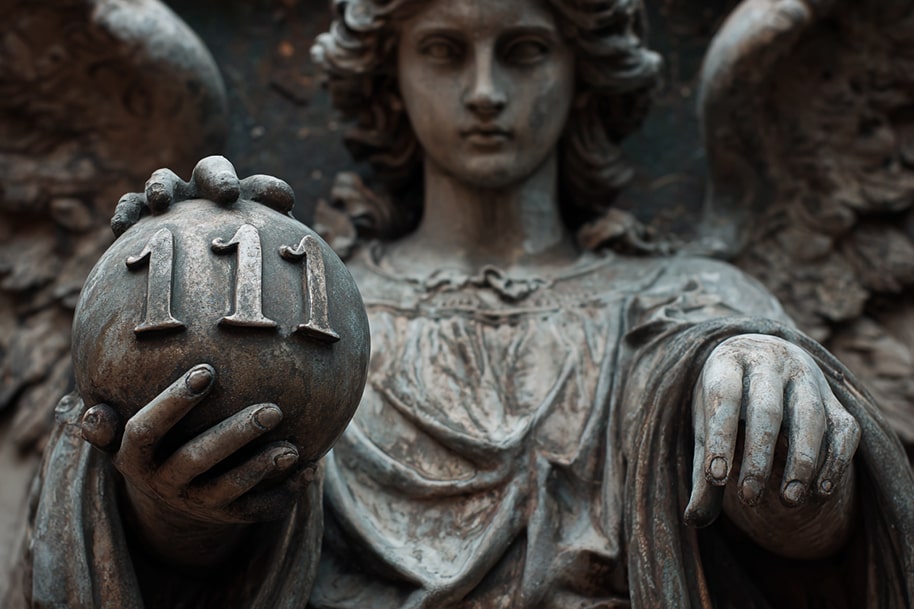 Ancient angel statue holding a sphere engraved with 111, illustrating the spiritual guidance and manifestation energy behind angel number 111.