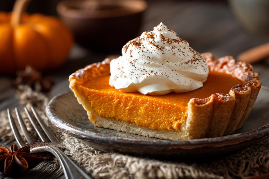 Classic homemade pumpkin pie with flaky crust and whipped cream topping, one of the best pumpkin recipes for cozy fall desserts