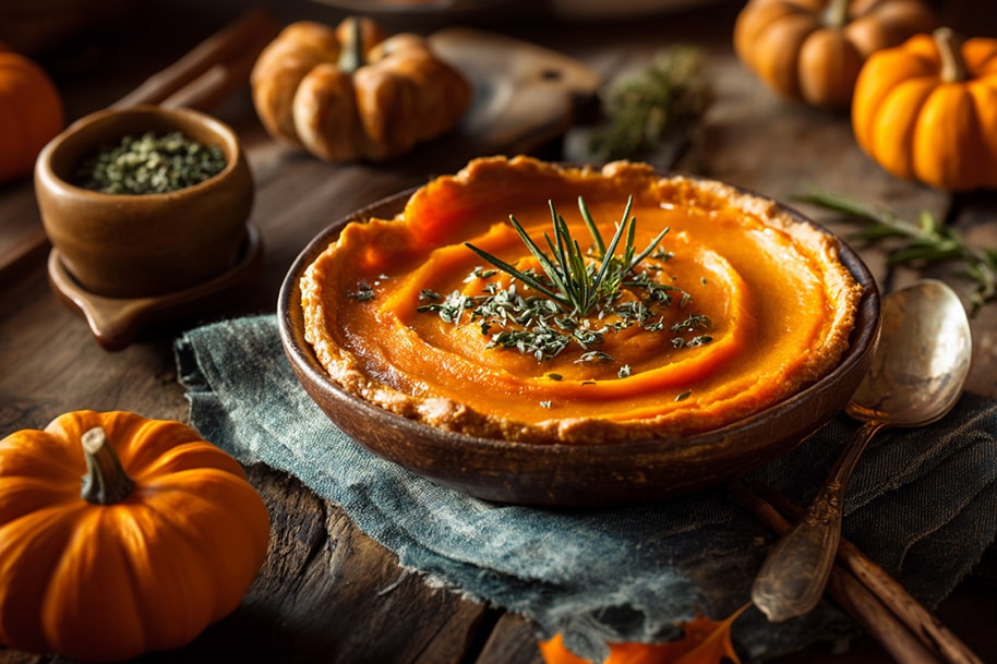 Homemade savory pumpkin puree topped with herbs and rosemary, a cozy autumn dish and one of the best pumpkin recipes to try this fall.