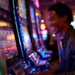 A smiling man playing slot machines in a brightly lit casino, surrounded by colorful lights and screens, enjoying an exciting gaming moment.