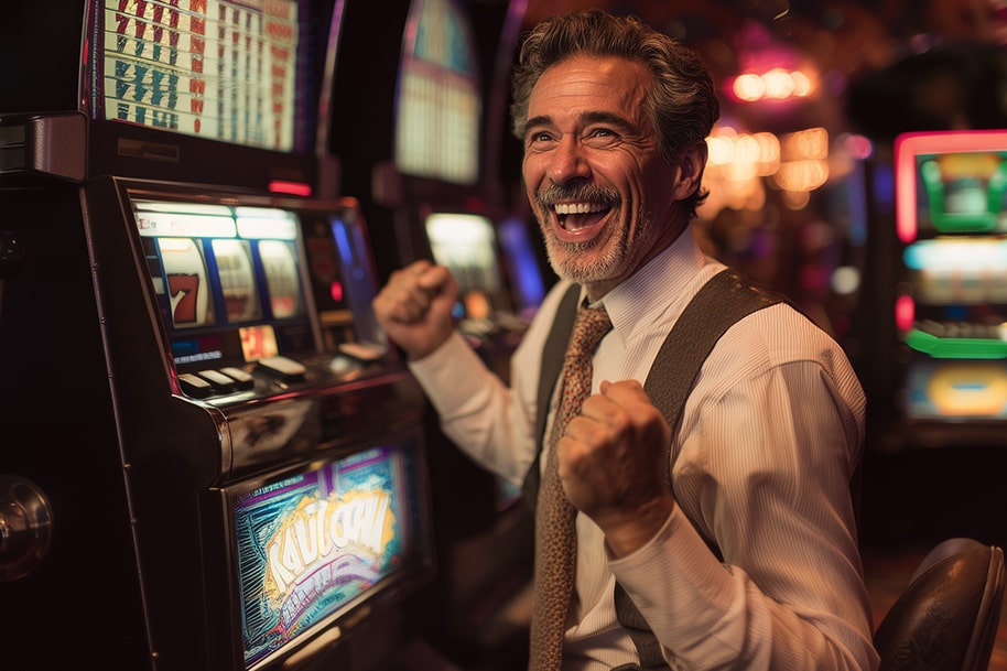 Man celebrating a big win on a slot machine in a lively casino, expressing joy with raised fists under warm lighting.