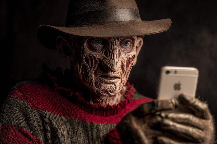 Fictional horror character in a striped sweater and hat staring at a smartphone with a serious expression, blending classic horror with modern humor.