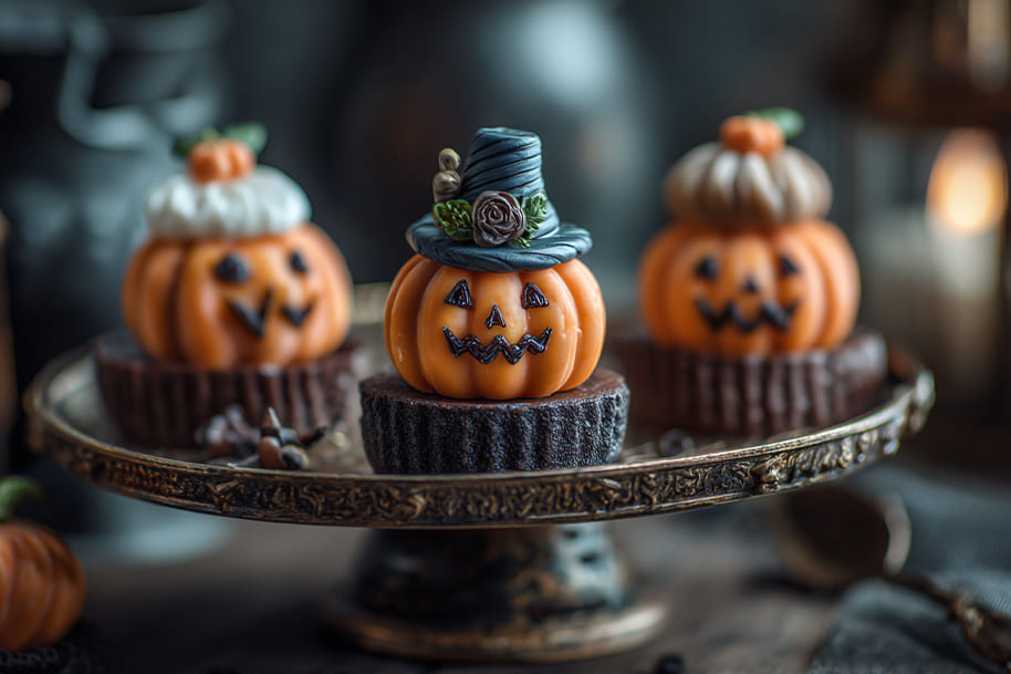 Halloween pumpkin cupcakes decorated with jack-o’-lantern faces and witch hat, a spooky dessert idea for easy homemade Halloween treats.