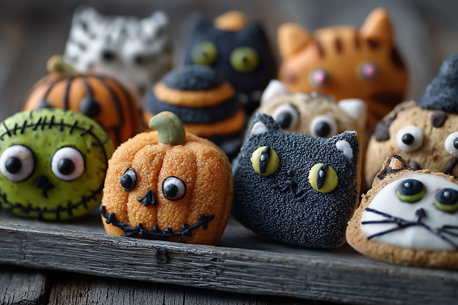 Assorted Halloween cookies shaped like pumpkins, black cats, and monsters, a fun Halloween party food and homemade snack idea.