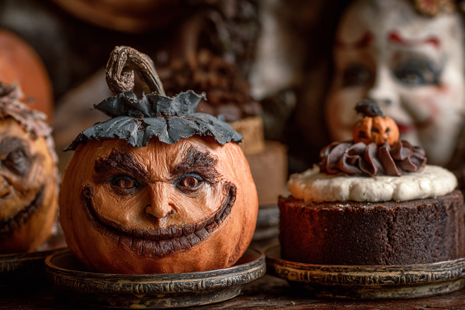 Scary carved pumpkin cake with creepy face and chocolate cupcakes, representing spooky desserts and Halloween party food ideas at home.