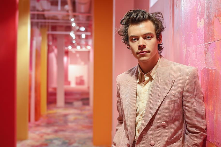 Harry Styles in pink suit against vibrant art gallery background, representing his gender-fluid fashion choices and boundary-pushing style influence.