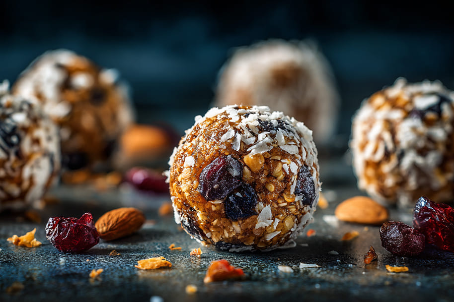 Homemade energy balls with oats, nuts, dried fruit, and coconut flakes, a low-calorie healthy snack for energy and weight loss.