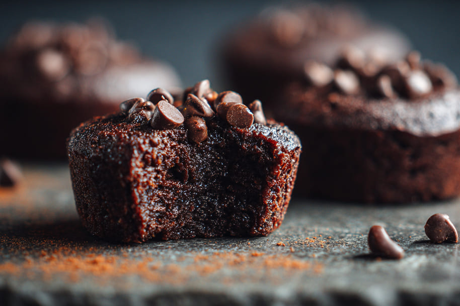 Close-up of rich chocolate protein muffins topped with dark chocolate chips, a healthy sweet snack that feels like a cheat meal.