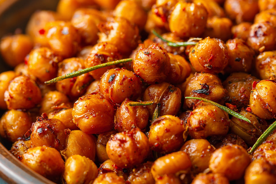Spicy roasted chickpeas seasoned with herbs and olive oil, a high-protein guilt-free snack perfect for healthy cravings.