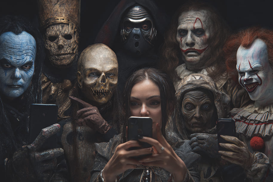 Group of horror movie characters gathered around a woman using her phone, representing a darkly comic take on a horror movie group chat.