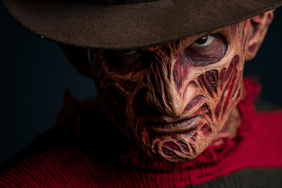 Horror villain with burnt face and brown hat wearing a red-striped sweater, symbolizing a nightmare character featured in a dark dating profile parody