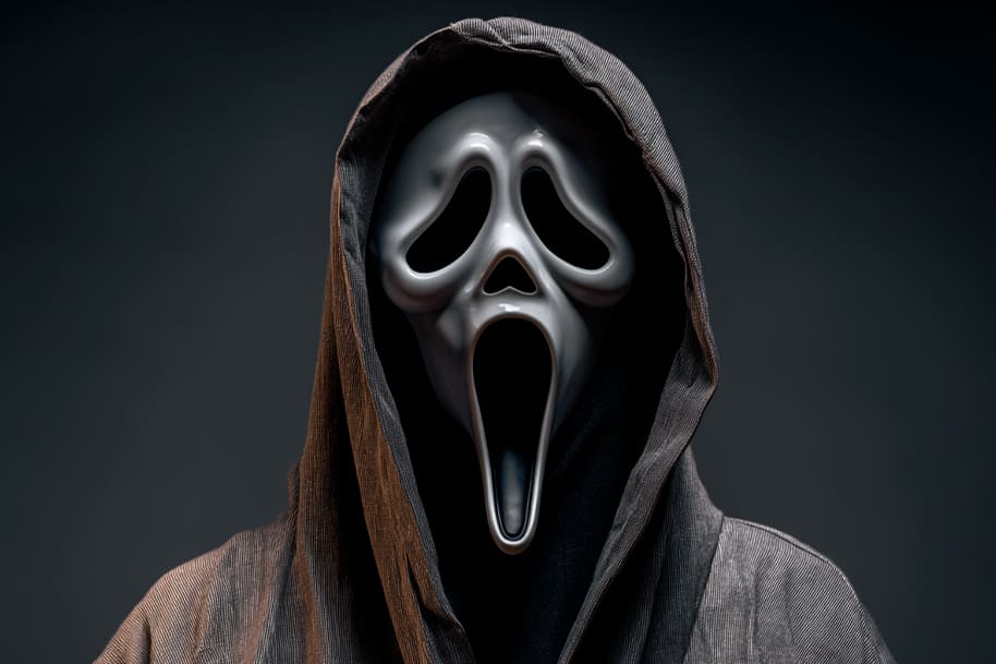 Masked ghost-faced figure in dark hood, portraying a slasher movie villain imagined with a chilling Halloween dating profile twist.