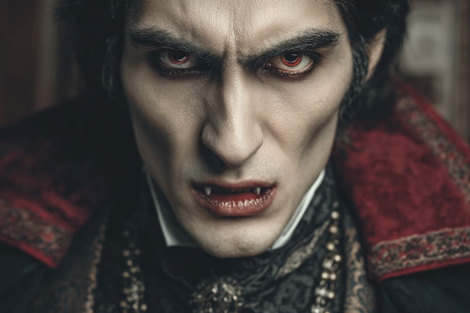 Vampire with sharp fangs and intense stare, embodying a gothic horror character reimagined for a spooky dating profile concept.