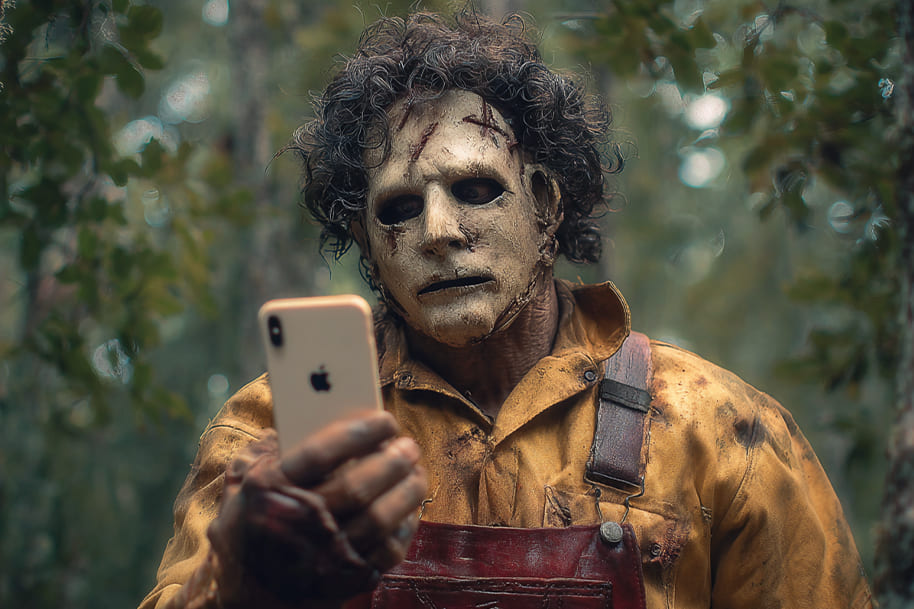 Masked horror movie character wearing a dirty yellow apron holding a smartphone in the woods, humorously portraying a villain checking messages.