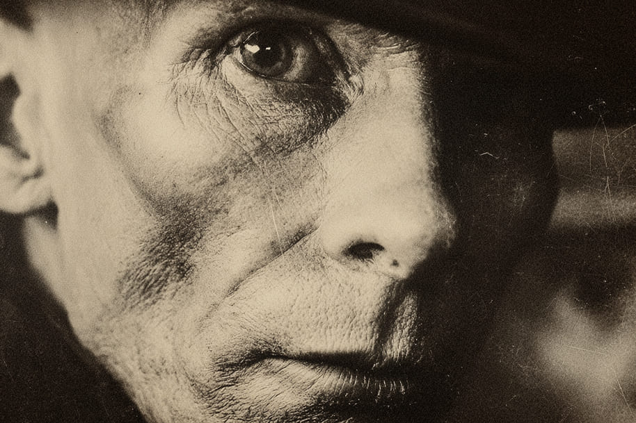Close-up of an older man’s face with deep wrinkles in sepia tone, capturing the eerie tone of a true crime story inspired by real events.