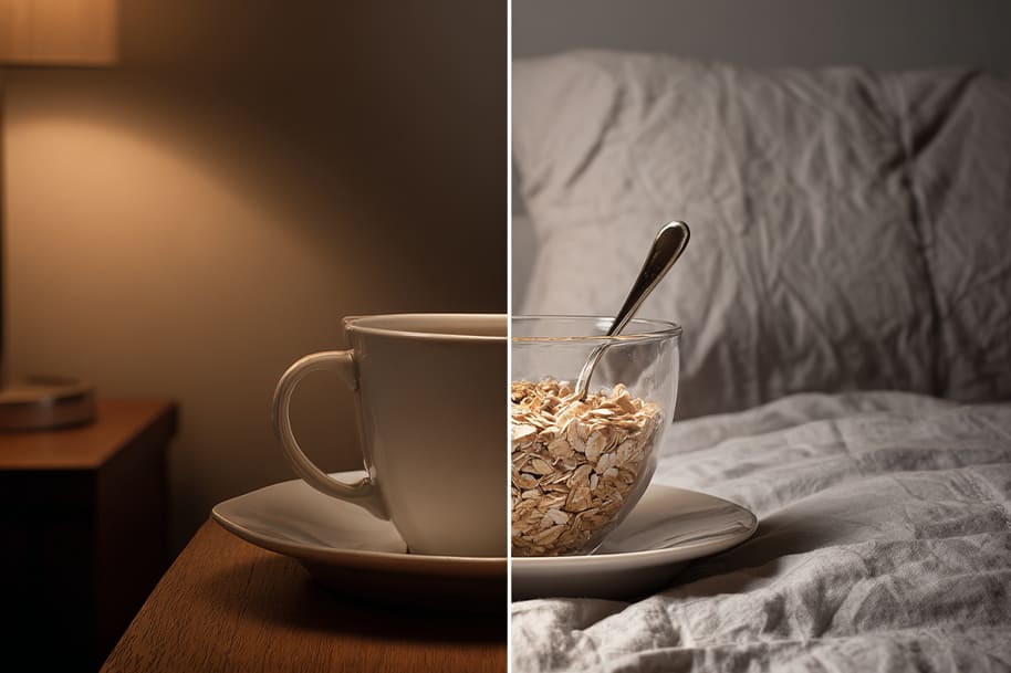 Minimalist split photo of a cup and bowl of oats between warm night lighting and cool morning tones, symbolizing balance between bedtime calm and morning energy.