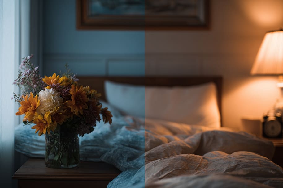 Cozy bedroom scene with flowers on a nightstand, split between cool morning light and warm evening glow, representing day and night relaxation moods.