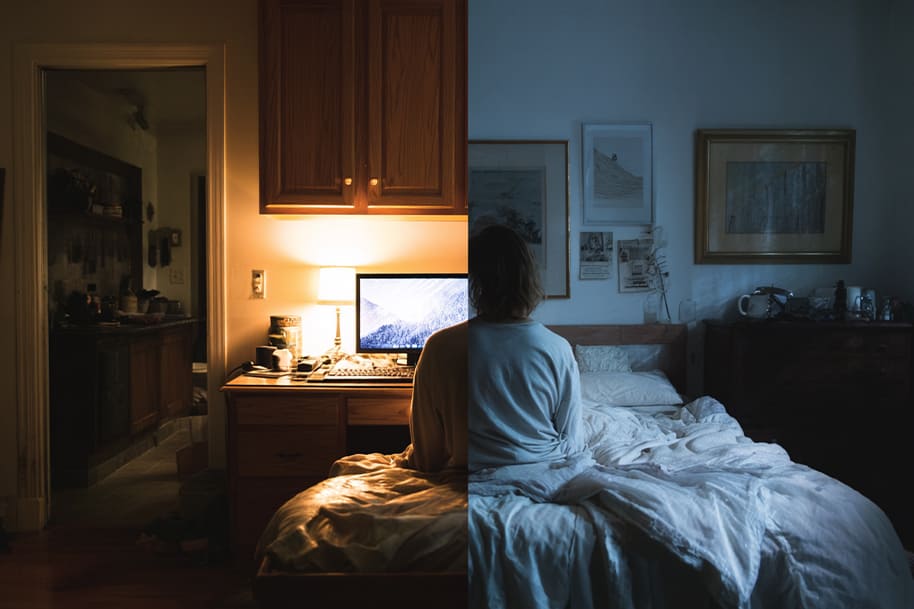 Split image showing a person sitting between a bright morning workspace and a dimly lit bedroom, symbolizing the contrast between morning and night routines.
