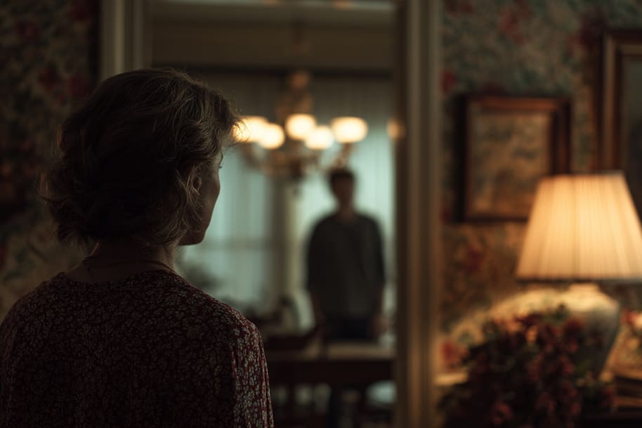 Silhouette of a woman facing a blurred figure in a dimly lit room, symbolizing mystery and tension in a true crime documentary scene.