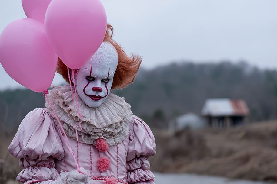 Clown in a pink vintage costume holding balloons on a gloomy day, representing the unsettling yet theatrical nature of a horror movie villain.