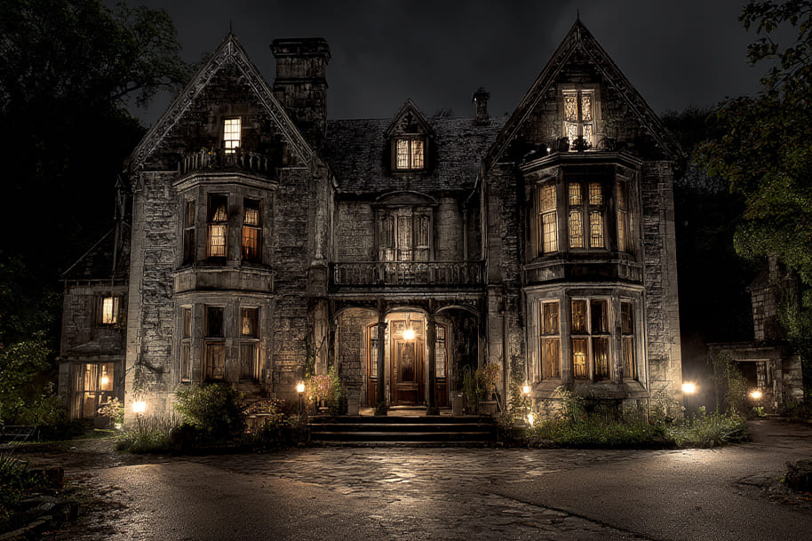 Large gothic mansion lit up at night, representing one of the scariest haunted houses to explore this Halloween for ghost hunters and thrill lovers.