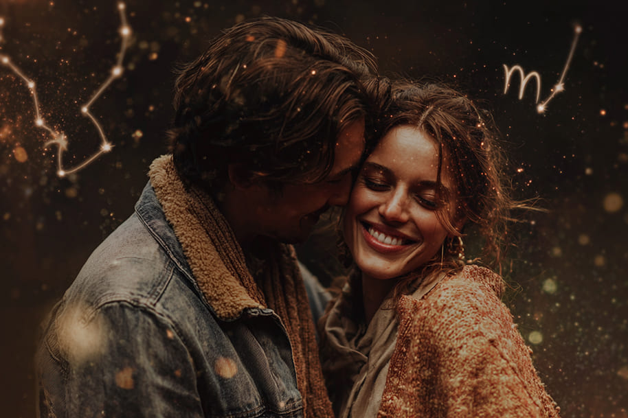 Smiling couple embracing under glowing Scorpio constellation, representing warmth, loyalty, and romantic astrology predictions for Scorpio Season 2025.