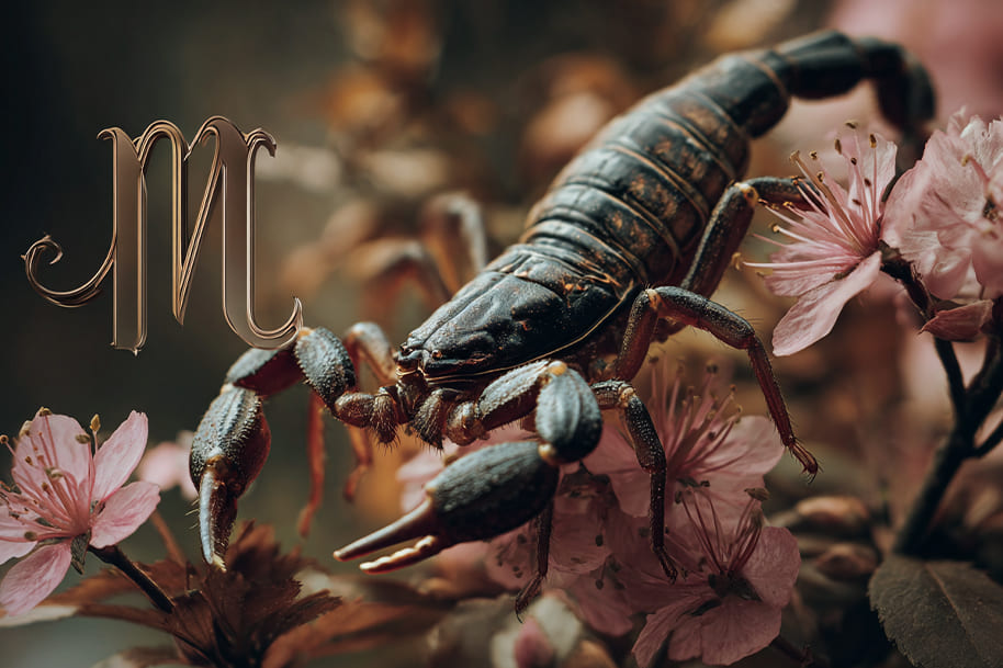Close-up of a black scorpion on pink flowers beside the Scorpio zodiac sign, symbolizing passion, mystery, and transformation in Scorpio love horoscope 2025.