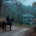 The Headless Horseman on horseback rides down a misty autumn road toward a colonial mansion in Sleepy Hollow NY, capturing the eerie atmosphere of the Headless Horseman legend in Sleepy Hollow and the haunted history of New York.