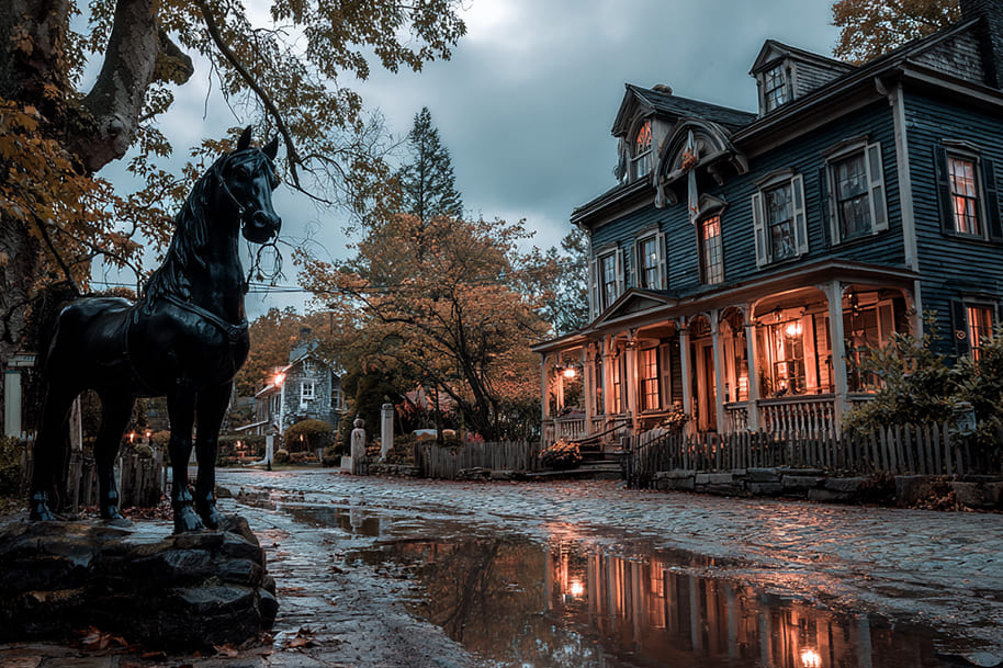 A rainy evening scene in Sleepy Hollow NY with a bronze horse statue and historic Victorian house glowing under lantern light, representing the Headless Horseman legend in Sleepy Hollow and the village’s haunted charm.