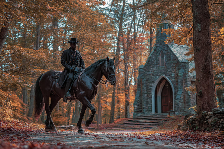 A dark rider on horseback passes by the Old Dutch Church in Sleepy Hollow NY, surrounded by autumn leaves, symbolizing the Headless Horseman legend in Sleepy Hollow and the haunted history of the Hudson Valley.
