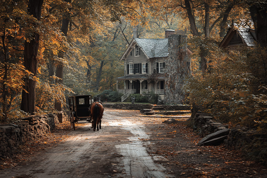 A horse and carriage travel down a tree-lined dirt road toward a historic colonial house in Sleepy Hollow NY, evoking the 18th-century charm and haunted history of Sleepy Hollow New York.