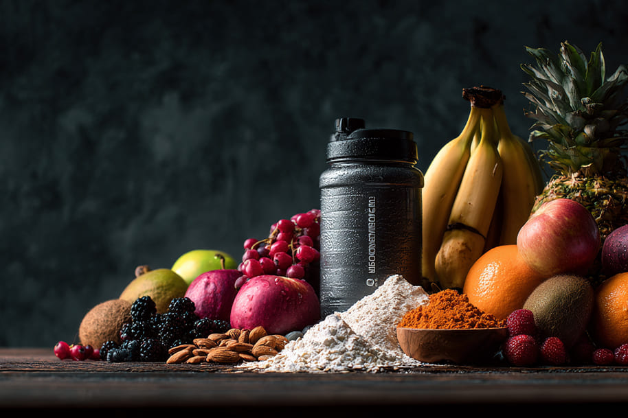 Protein shaker surrounded by fresh fruits, oats, almonds, and superfoods on a wooden table, illustrating essential nutrition for athletic recovery and strength.