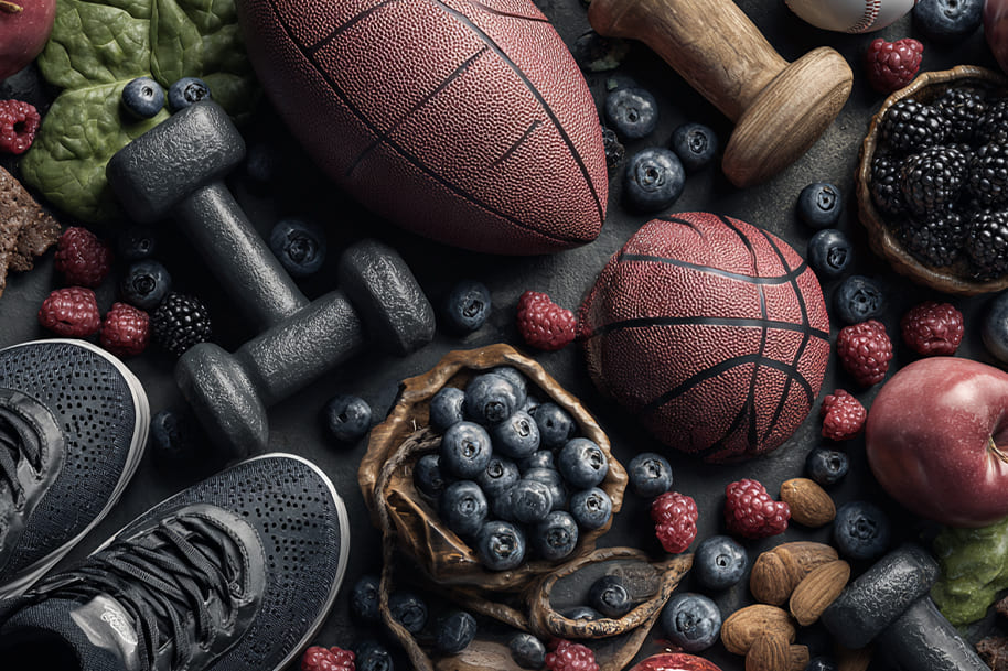 Top view of sports equipment, fruits, and nuts arranged together, symbolizing the balance between exercise, healthy eating, and athletic strength