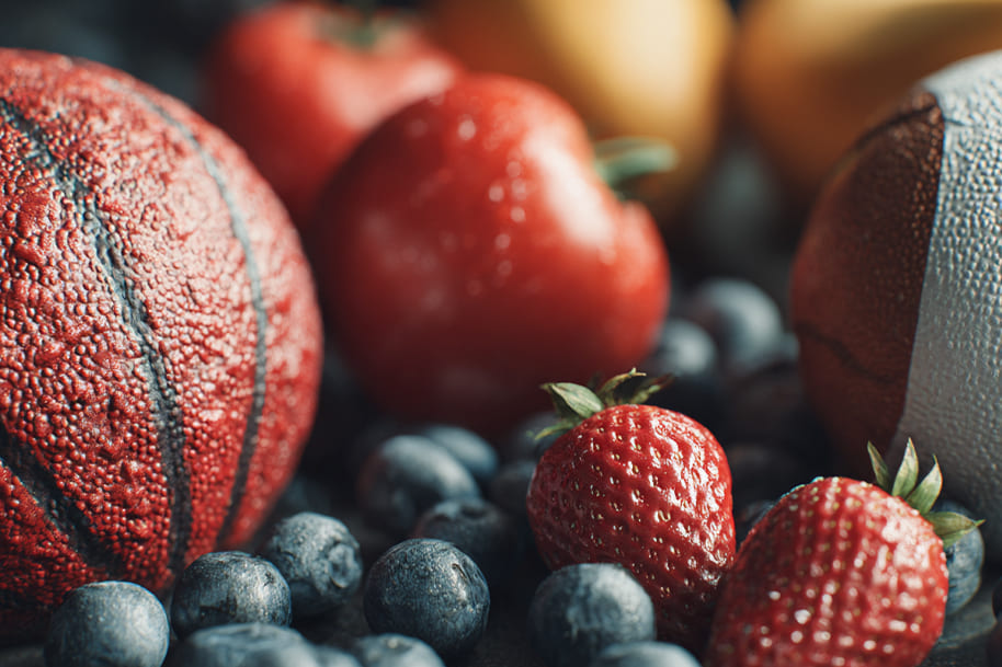 Creative composition of sports balls resembling fruits among strawberries and blueberries, representing the connection between nutrition and athletic performance.