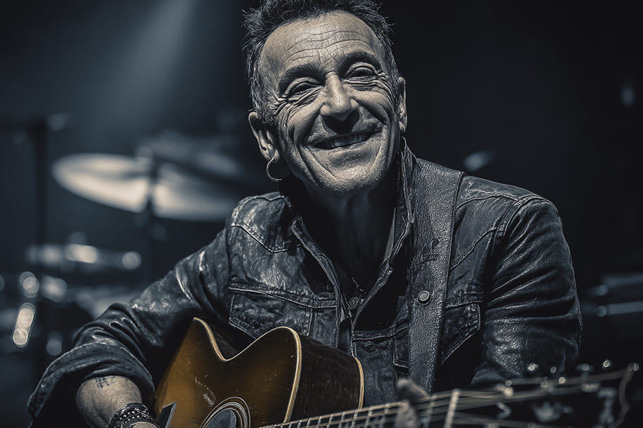 Smiling musician playing an acoustic guitar on stage, illuminated by concert lighting, representing a documentary about Bruce Springsteen’s life and music.