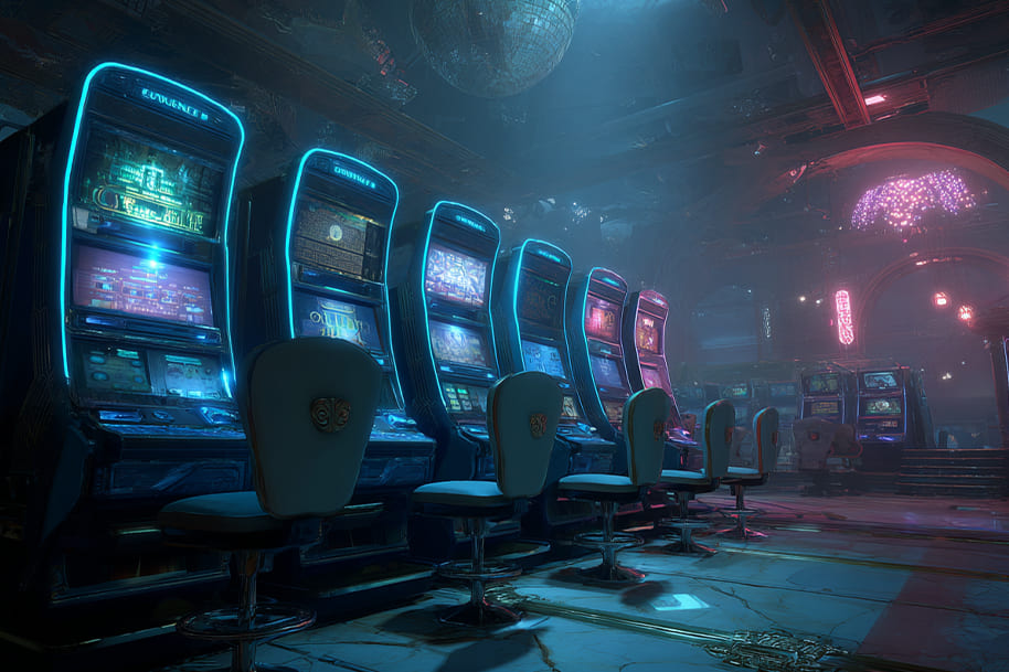 Futuristic casino interior with neon-lit slot machines, showcasing the evolution of slot games and next-generation casino technology at Eternal Slots.