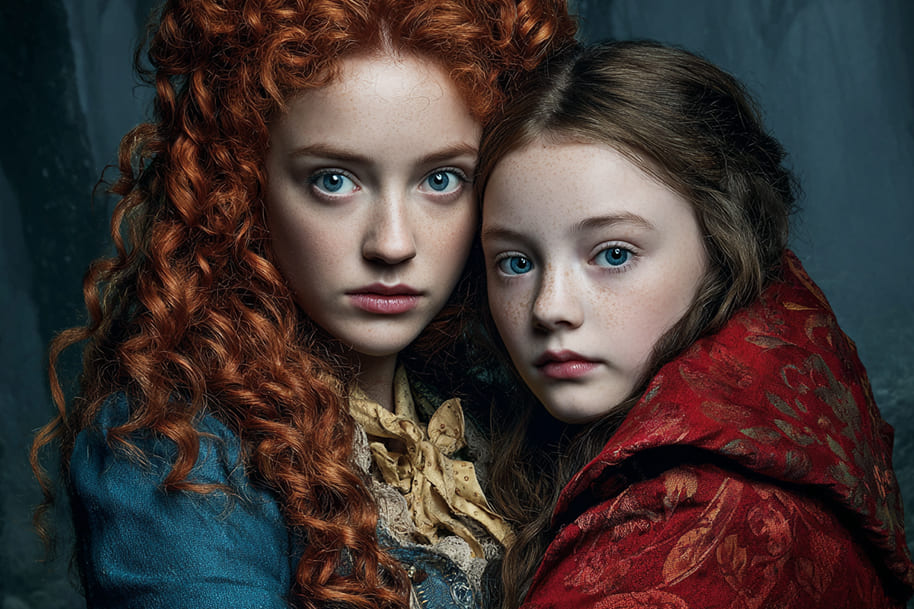 Two young girls with blue eyes and period-style clothing standing close together in a dark forest, evoking a mysterious fairy tale atmosphere.