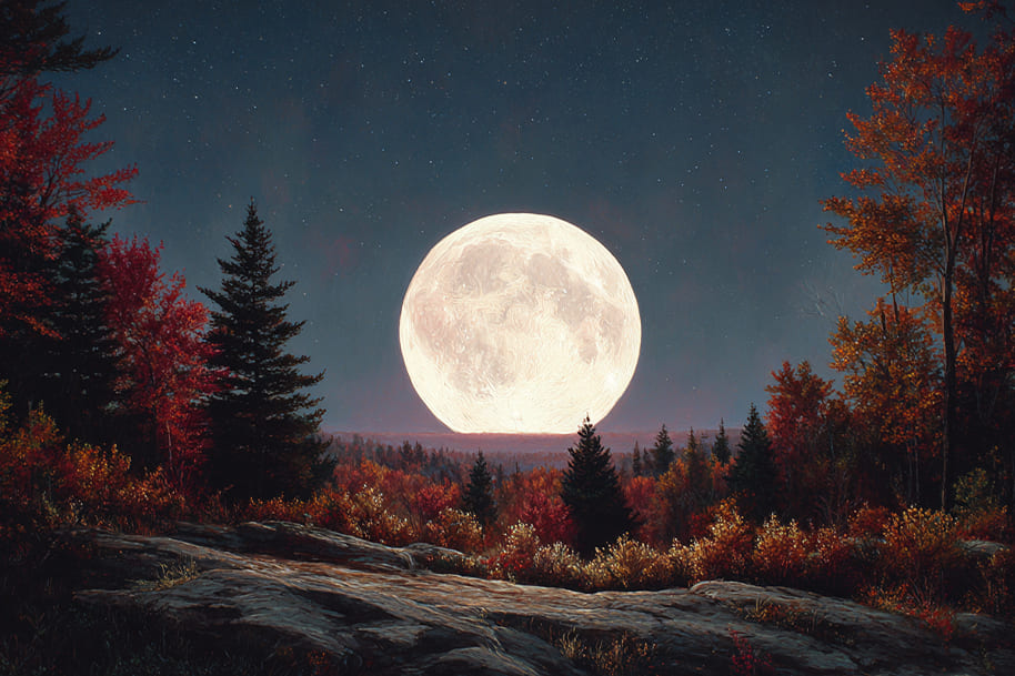 Radiant Hunter’s Moon rising above an autumn forest glowing in red and gold foliage, capturing the beauty and spiritual symbolism of the full moon in October 2025 — featured in Eternal Slots Casino’s blog about astrology and the magic of October nights.