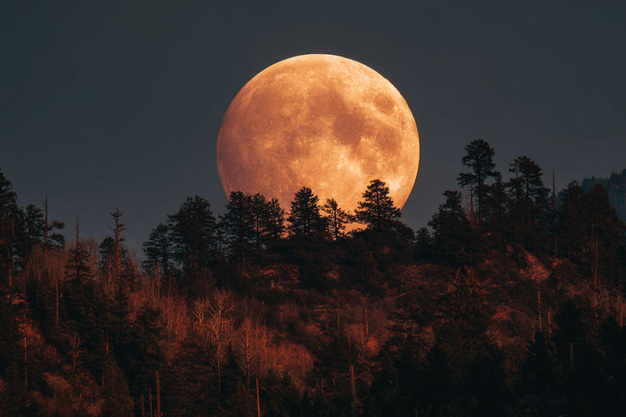The Hunter’s Moon rising above a forested mountain on a magical October night, symbolizing abundance and mystery under the full moon of October 2025 — featured on the Eternal Slots Casino blog about the meaning and astrology of the Hunter’s Moon.