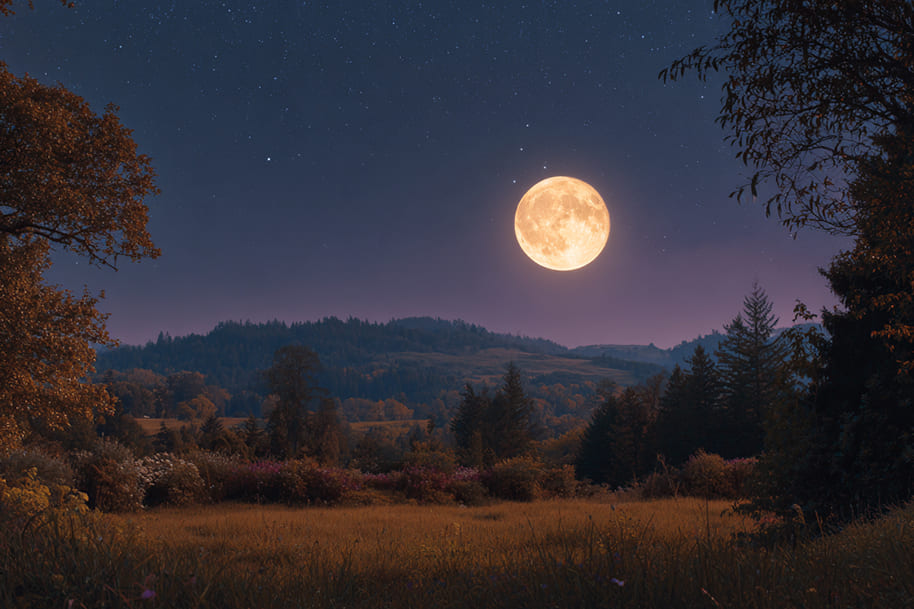 Bright full Hunter’s Moon shining over a peaceful autumn meadow and forest hills during the magical October night of 2025 — illustrating the beauty, astrology, and spiritual meaning of the Hunter’s Moon featured on Eternal Slots Casino’s blog.